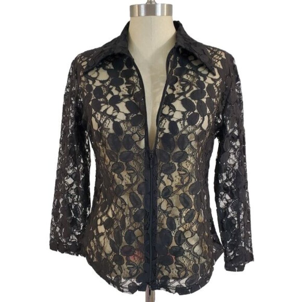 Samuel Dong Black Sheer Lace Cardigan L Fairy Grunge Y2K Whimsigoth Goth